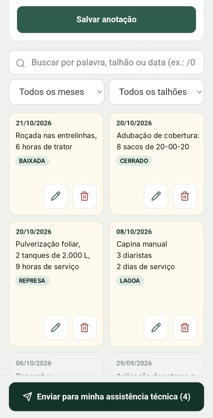 Anotações do produtor organizadas por data e talhão