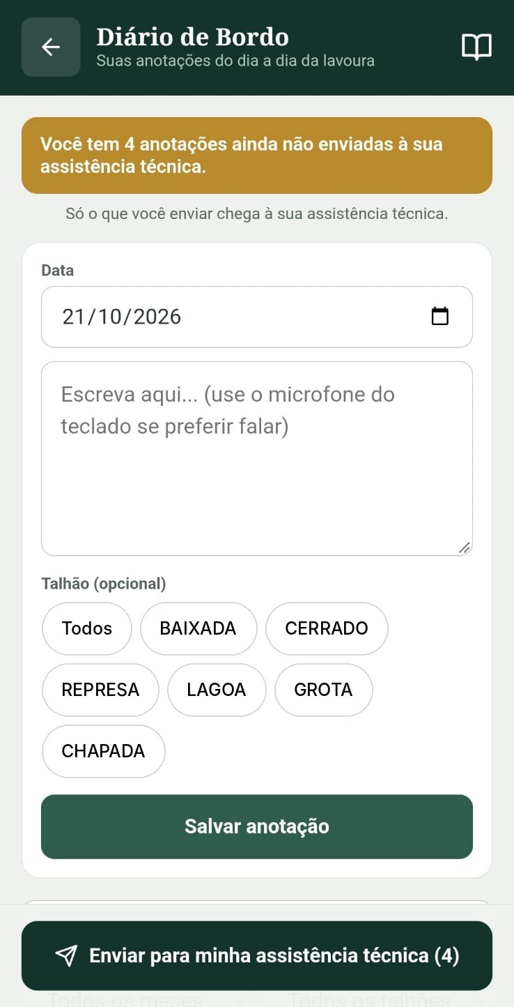 Nova anotação no diário de bordo, com escolha do talhão